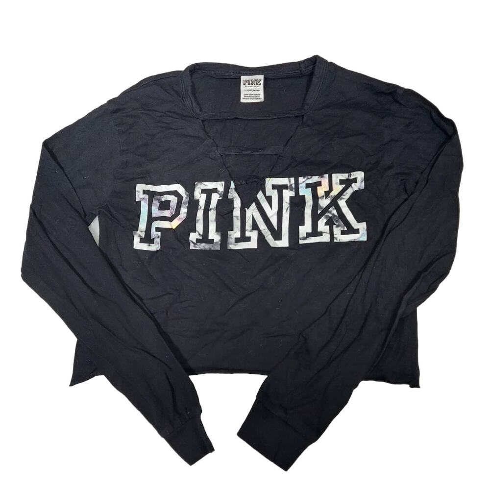 VICTORIA'S SECRET PINK Crop Top Long Sleeve Back Deep V Neck Womens Size Small